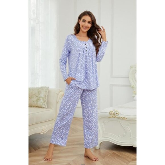 Women's Spotted Blue 2pc Pajama Set - Long Sleeve Shirt & Long Pant w/Pockets - Picture 7 of 7